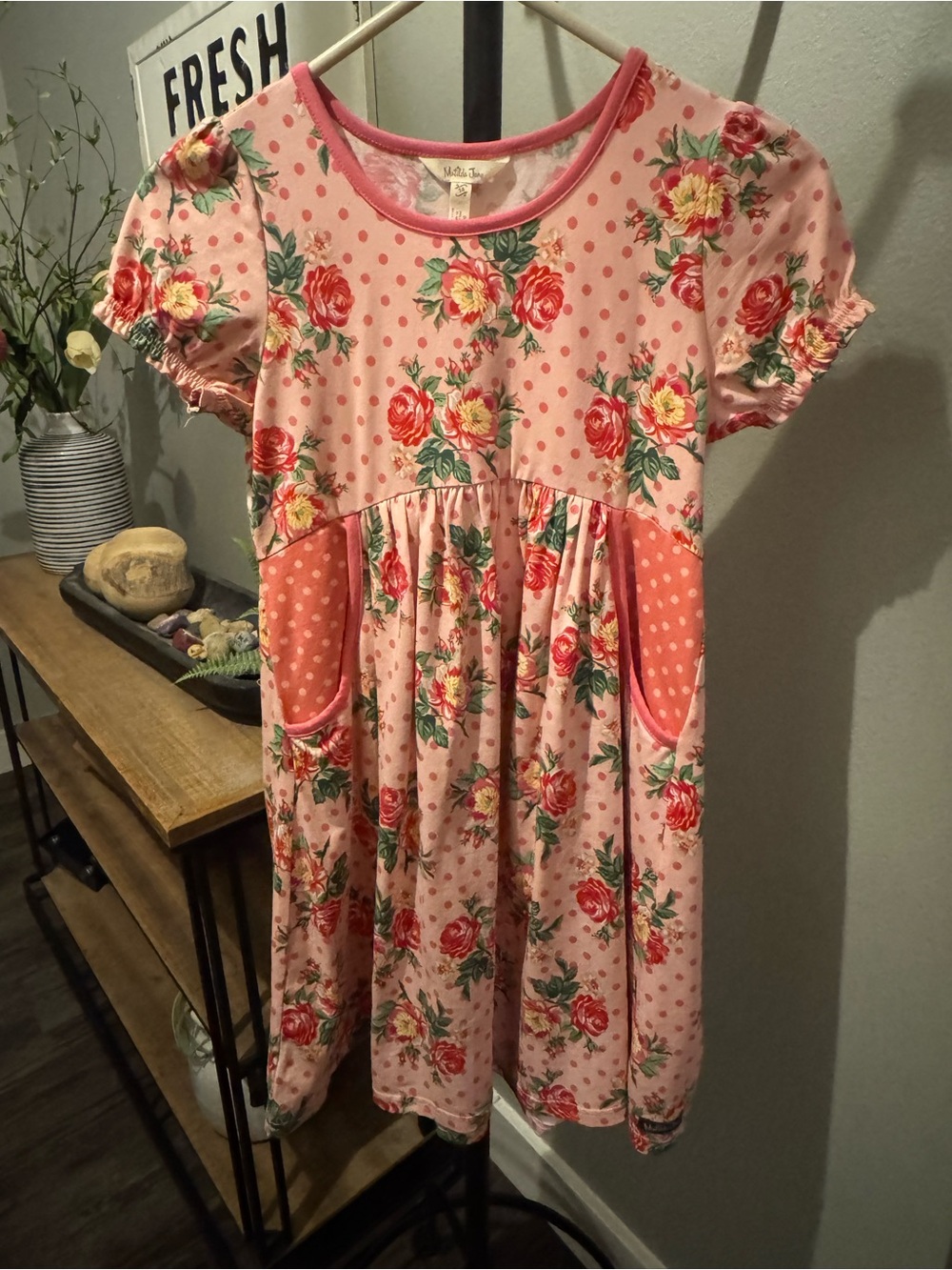 Matilda Jane Pink Floral Short Sleeve Dress with Coral Pocket Panels